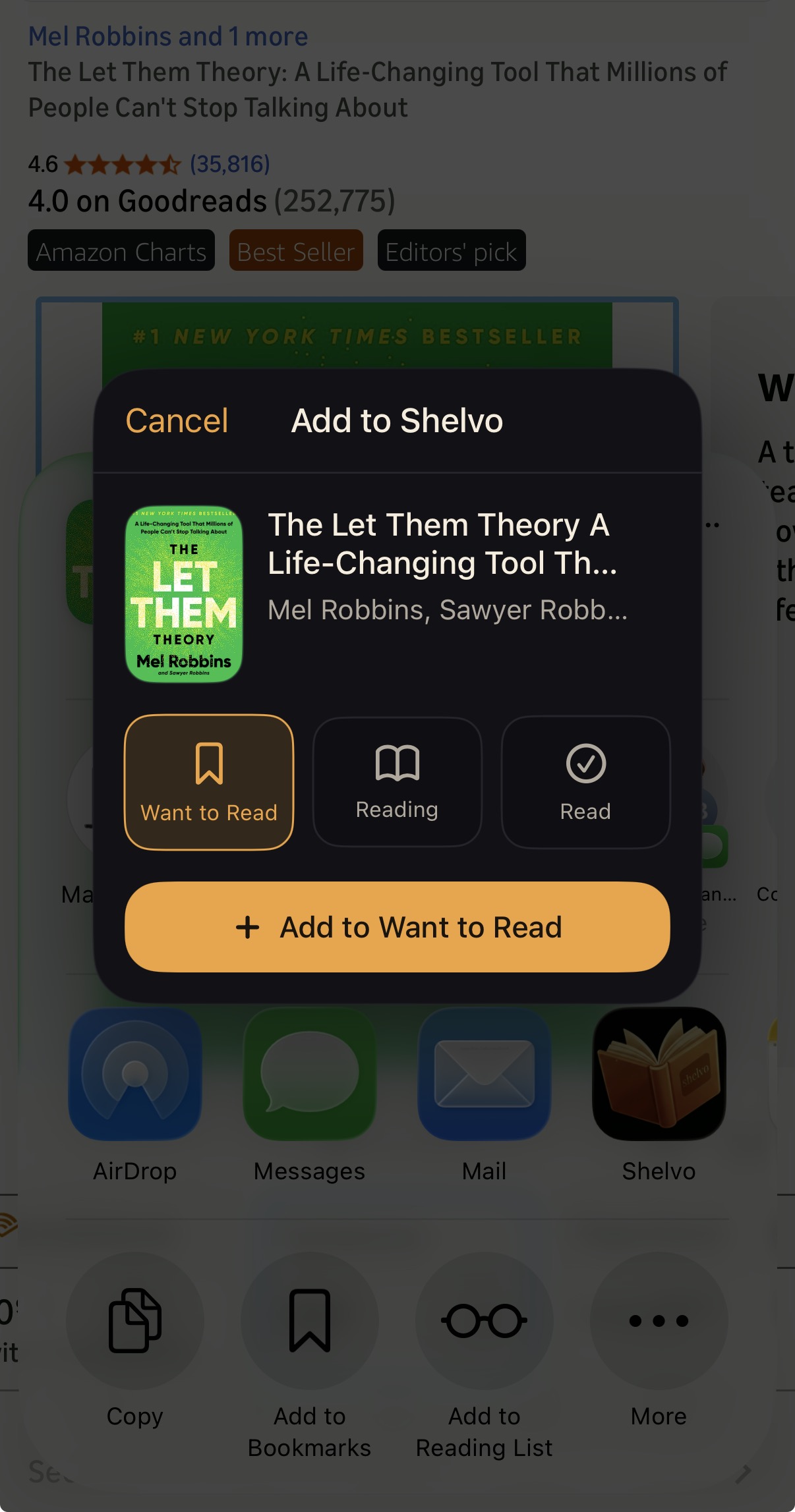 Shelvo share extension adding a book from Amazon
