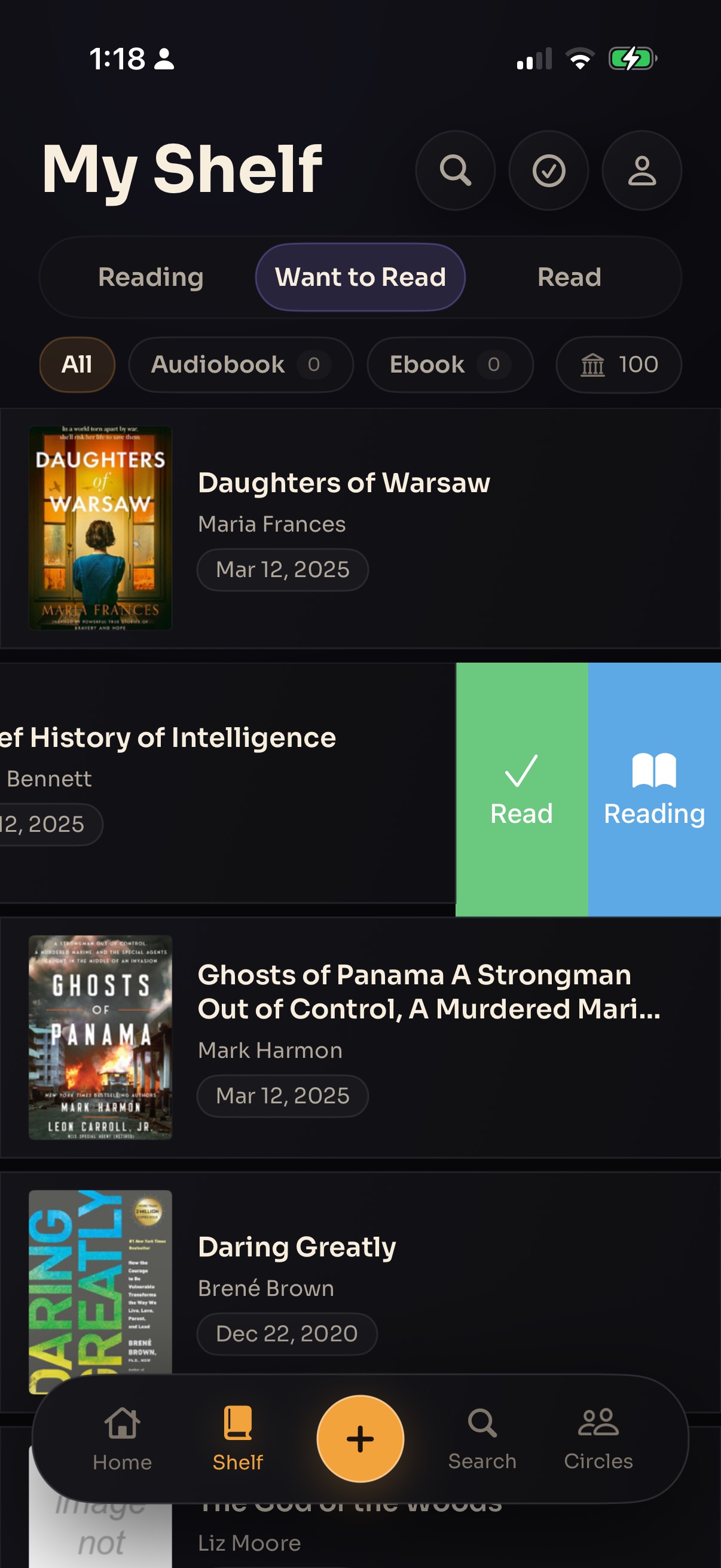 Shelvo shelf view showing Want to Read list with swipe actions